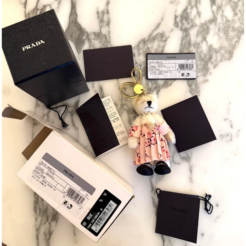 Prada Trick Orsetto Mary Rose Bear‎ Keychain Charm Bianco Pink Floral 1TR046